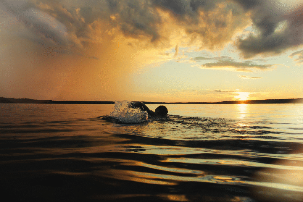 Schwimmer im See am Abend